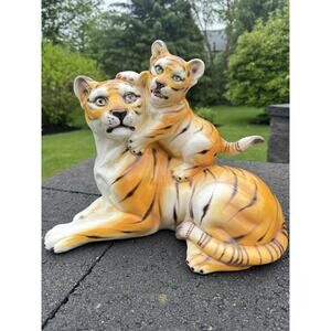 Vintage MCM Italian Ceramic Tiger with Cub Figurine Hand Painted 13.5" Decor